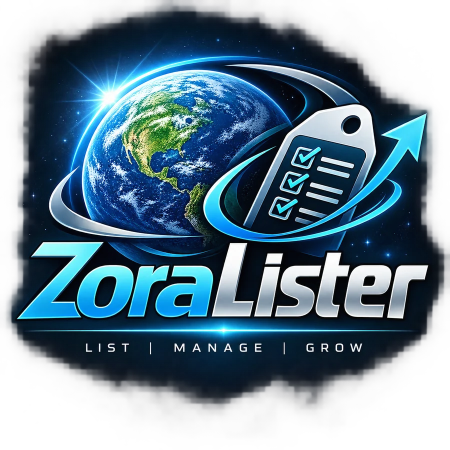 ZoraLister logo: a globe, a price tag carrying a ticked checklist, and a rising arrow. List, manage, grow.